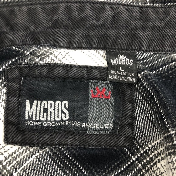 Micros Shirt Men L Black Flannel Plaid Snap Custom Embroidery Western Logo - Picture 9 of 11